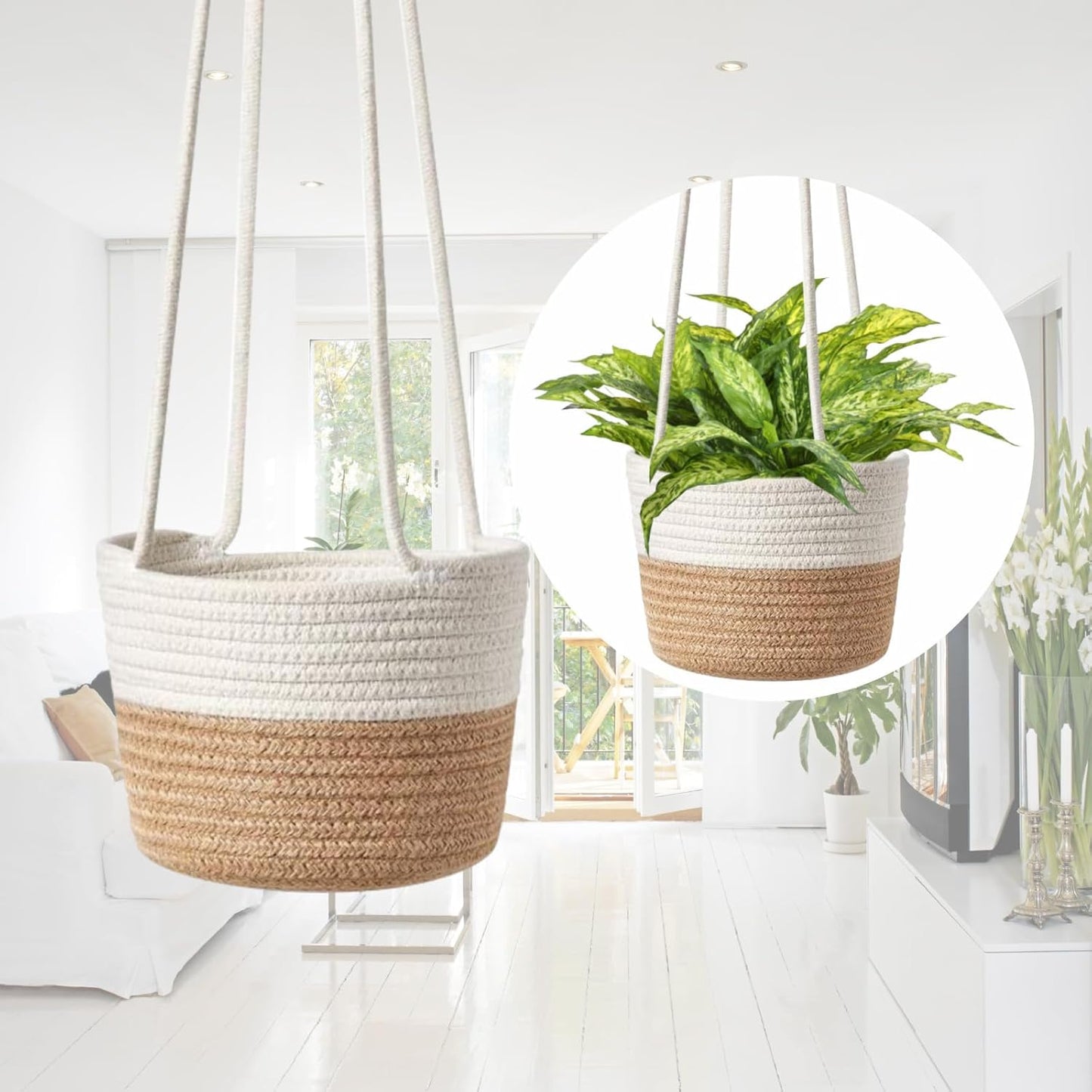 Plant Hangers Hanging Basket Planter Flower Pot Cotton Rope Woven Baskets 72Cm Wall Hanging Planter Ceiling Plants Holder Indoor Outdoor Flower Pot Storage Hanger Decorative for Home Garden