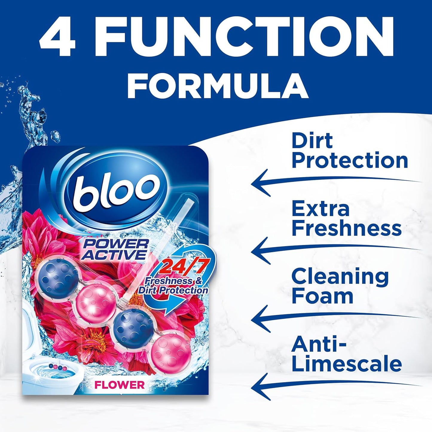 Power Active Toilet Rim Block Fresh Flowers, with Anti-Limescale, Cleaning Foam, Dirt Protection and Extra Freshness - Pack of 3 Rimblocks