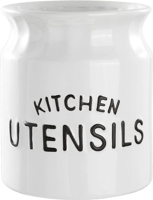 Kitchen Utensil Holder, Large Farmhouse Utensil Holder for Countertop, Decorative Ceramic Cooking Utensil Crock Holder for Kitchen Counter, 14 X 16 Cm, White