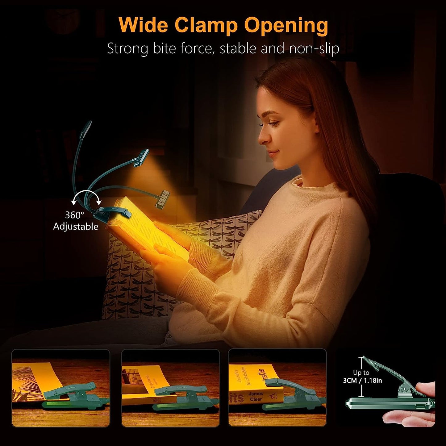 19 LED Book Light, Reading Light Book Lamp for Reading at Night with Memory Function, 3 Eye-Protecting Modes -Stepless Dimming, Long Battery Life, 360° Flexible Lamp for Bed,Tablet- Green