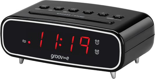 Groov-E Rise - Digital Alarm Clock with FM Radio, LCD Display, & Dimmer Function - 12Hr/24Hr Time Modes - Mains Powered, Backup Battery System - Black