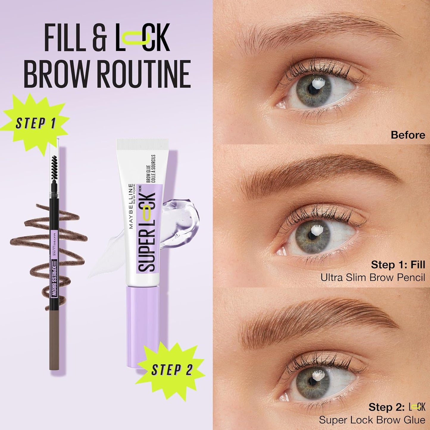 New York, Superlock Brow Glue, Transparent Brow Fixing Gel, with Sculpting Brush, Extreme 24H Hold, No Shedding, No Cardboard Effect, Non-Sticky Finish Superlock Brow Glue