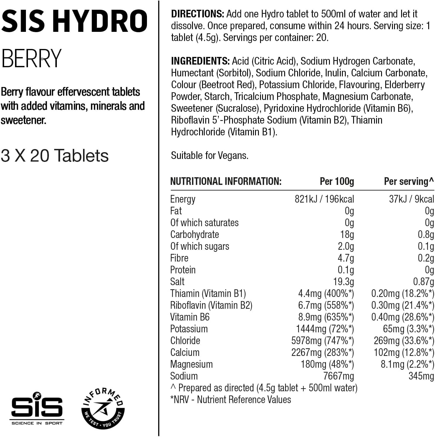 Hydro Hydration Tablets, Gluten-Free, Zero Sugar, Berry Flavour plus Electrolytes, 20 Effervescent Tablets per Bottle (3 Bottles)