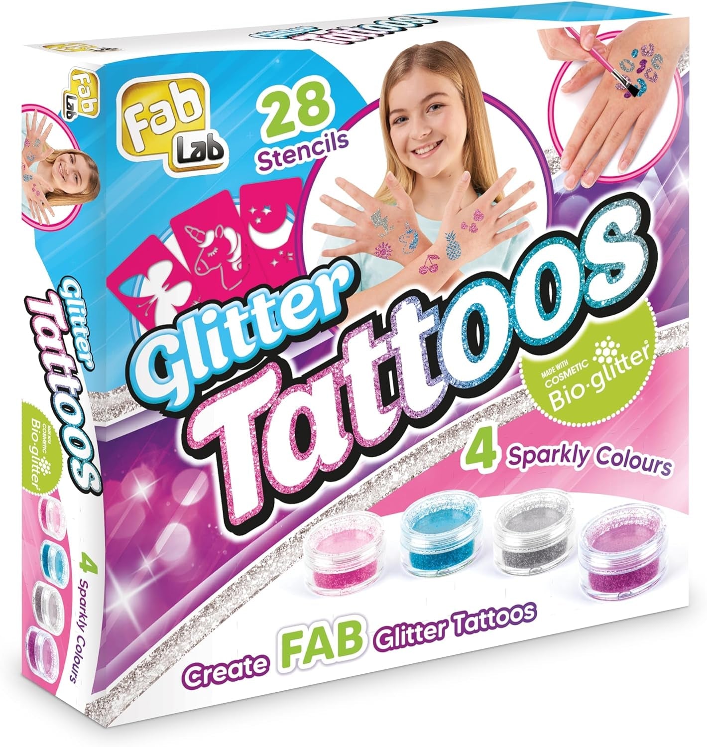 Glitter Tattoos | Create FAB Glittery Kids Tattoos! | Includes 28 Stencils and 4 Sparkly Colours of Bio-Glitter | Girls Gifts for Ages 8+