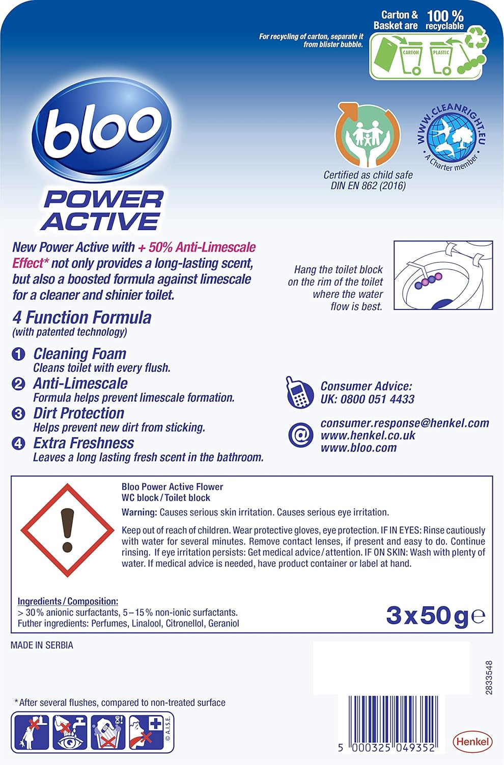Power Active Toilet Rim Block Fresh Flowers, with Anti-Limescale, Cleaning Foam, Dirt Protection and Extra Freshness - Pack of 3 Rimblocks