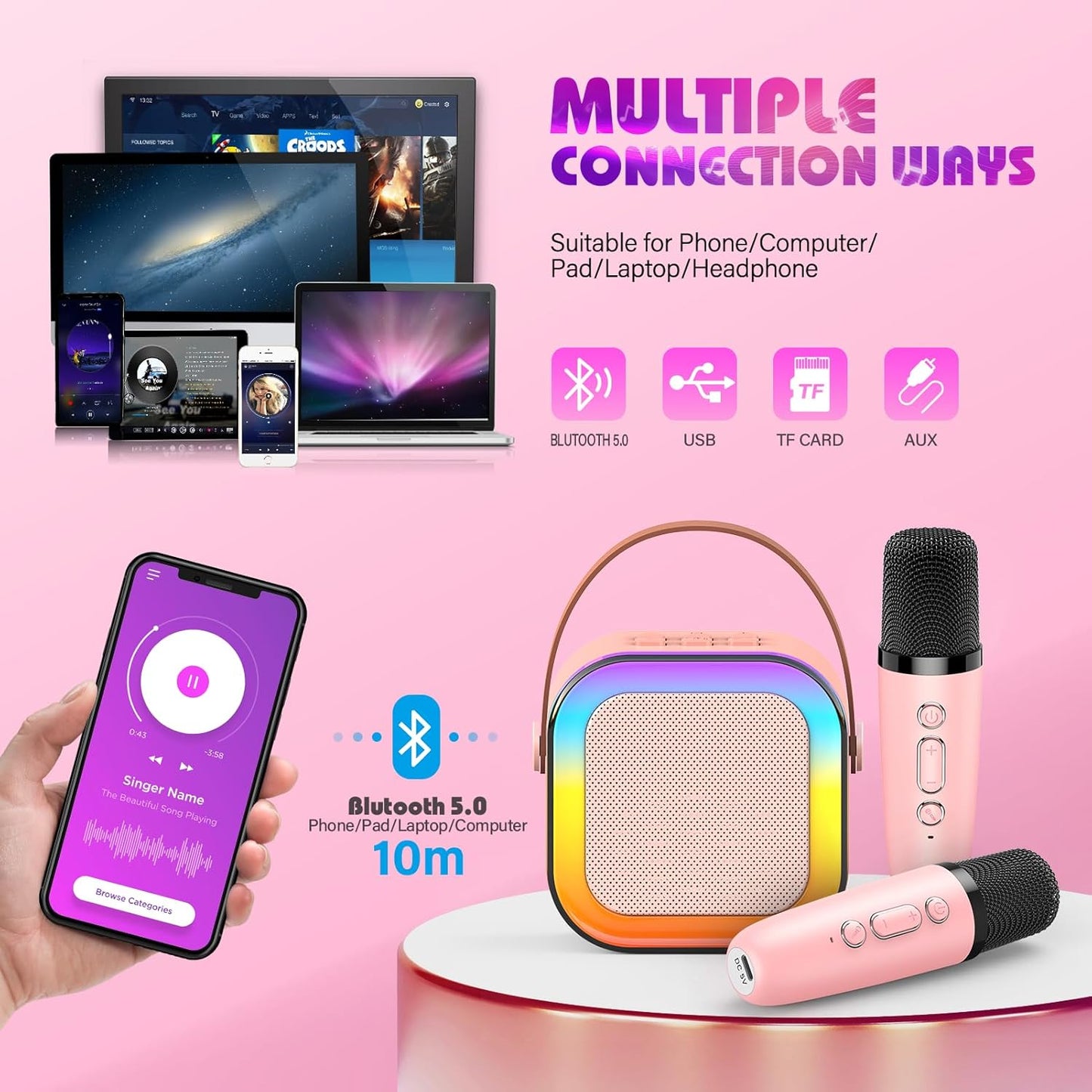 Karaoke Machine 2 Microphones, Birthday Gifts for Girls Toys Age 3-15 Year Old Girls Gifts Kids Microphone Toys for 3-12 Year Old Girls Birthday Presents Christmas Xmas Gifts for Kids Toys