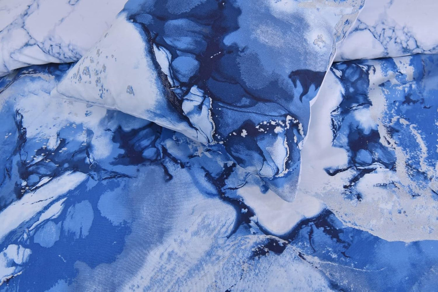 Metallic Marble Sparkle Glitz Blue Silver Reversible Soft Easy Care Duvet Cover Quilt Bedding Set with Pillowcase - Single (135Cm X 200Cm)