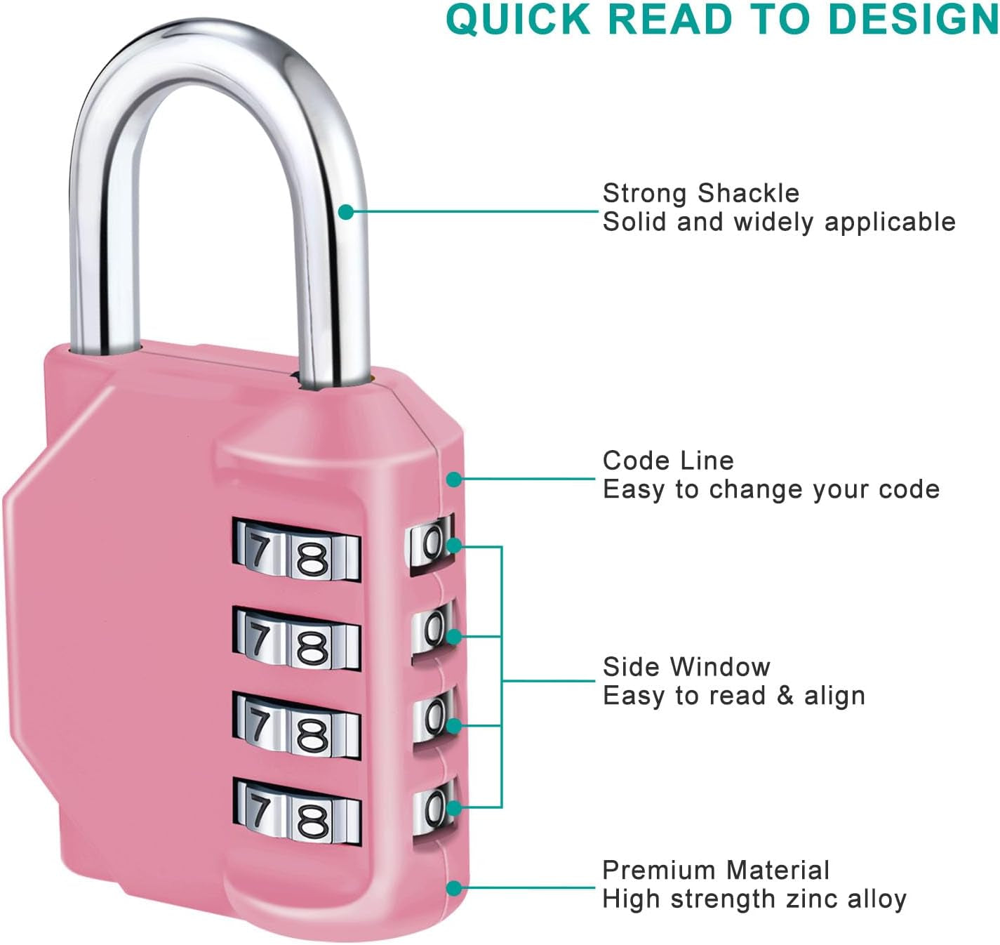 Padlock with Code, 4 Digit Combination Lock for Locker, Resettable Coded Padlock for School and Gym Lockers, Outdoor Padlock Weatherproof for Backyard Fence Gate, Sheds, Garage Door (Pink)