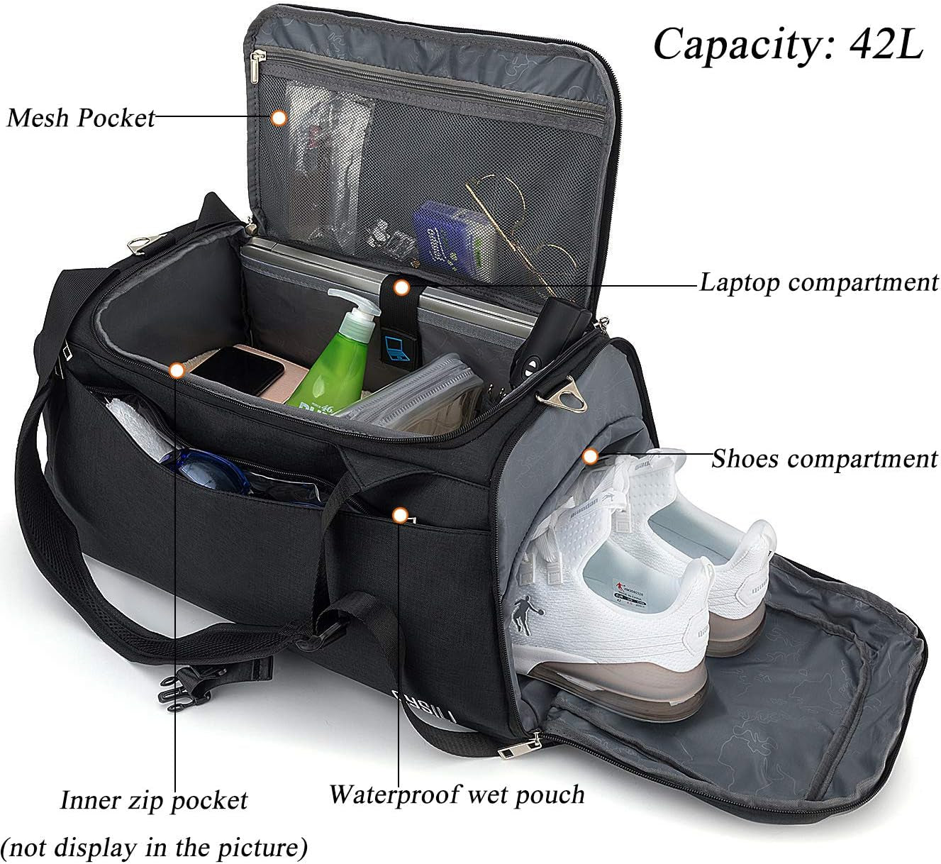 Sports Duffle Bag with Shoes Compartment and Wet Pocket, 42L Waterproof Gym Bag for Men and Women, Durable Travel Duffel Bag with Shoulder Strap and Combination Lock