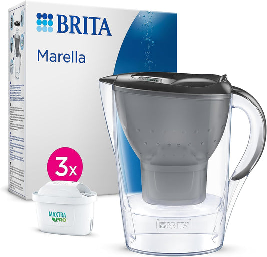 Marella Water Filter Jug Graphite (2.4L) Starter Pack Incl. 3X MAXTRA PRO All-In-1 Cartridge - Fridge-Fitting Jug with Digital LTI and Flip-Lid - Now in Sustainable Smart Box Packaging