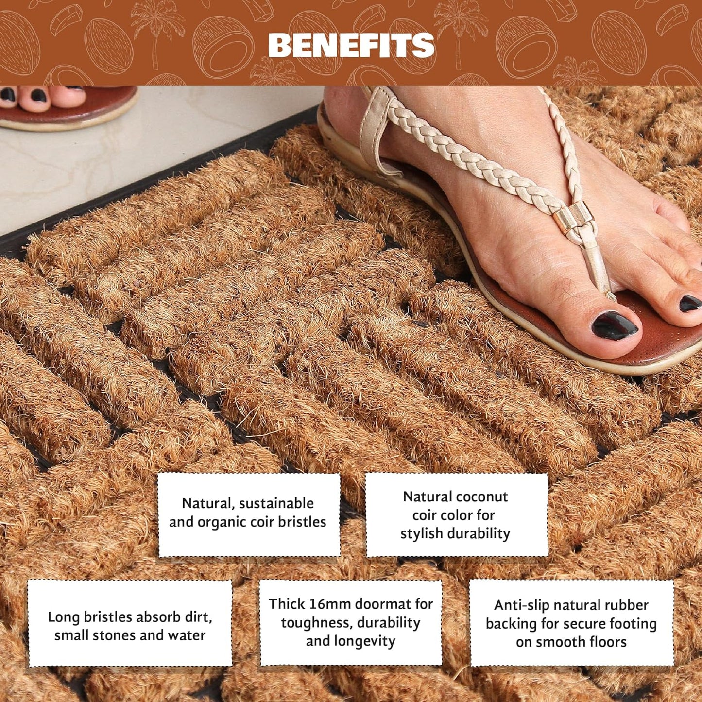 Coco & Coir Door Mat Indoor/Outdoor | 100% Natural Coir Weather Resistant Eco-Friendly Entrance Mat (Shortbread)
