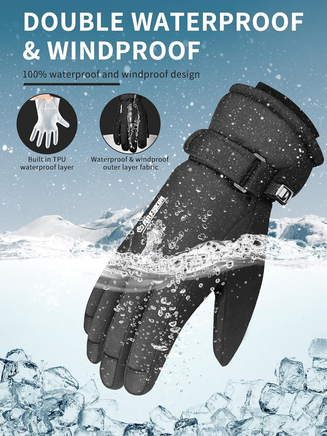 Waterproof & Windproof Winter Gloves with Fleece Lining, -20℉ Coldproof Touch Screen Thermal Ski Gloves for Cycling, Hiking, Snowboarding, Running, Outdoor Sports - Men