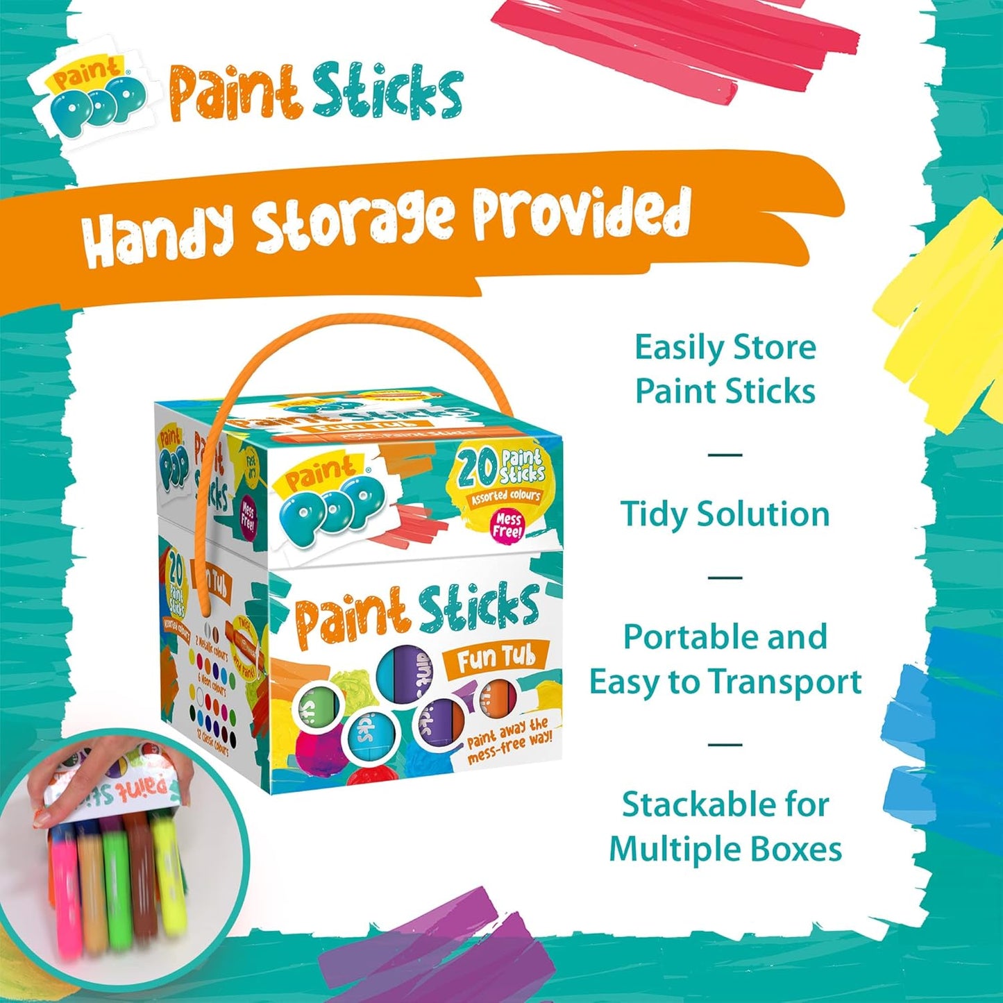 Paint Sticks for Kids - 20 Pack Assorted Colours & Fun Storage Tub - Twist & Paint, Mess-Free, Fast Drying Action, Easy Clean Up, Vibrant Colours, Multi-Surface