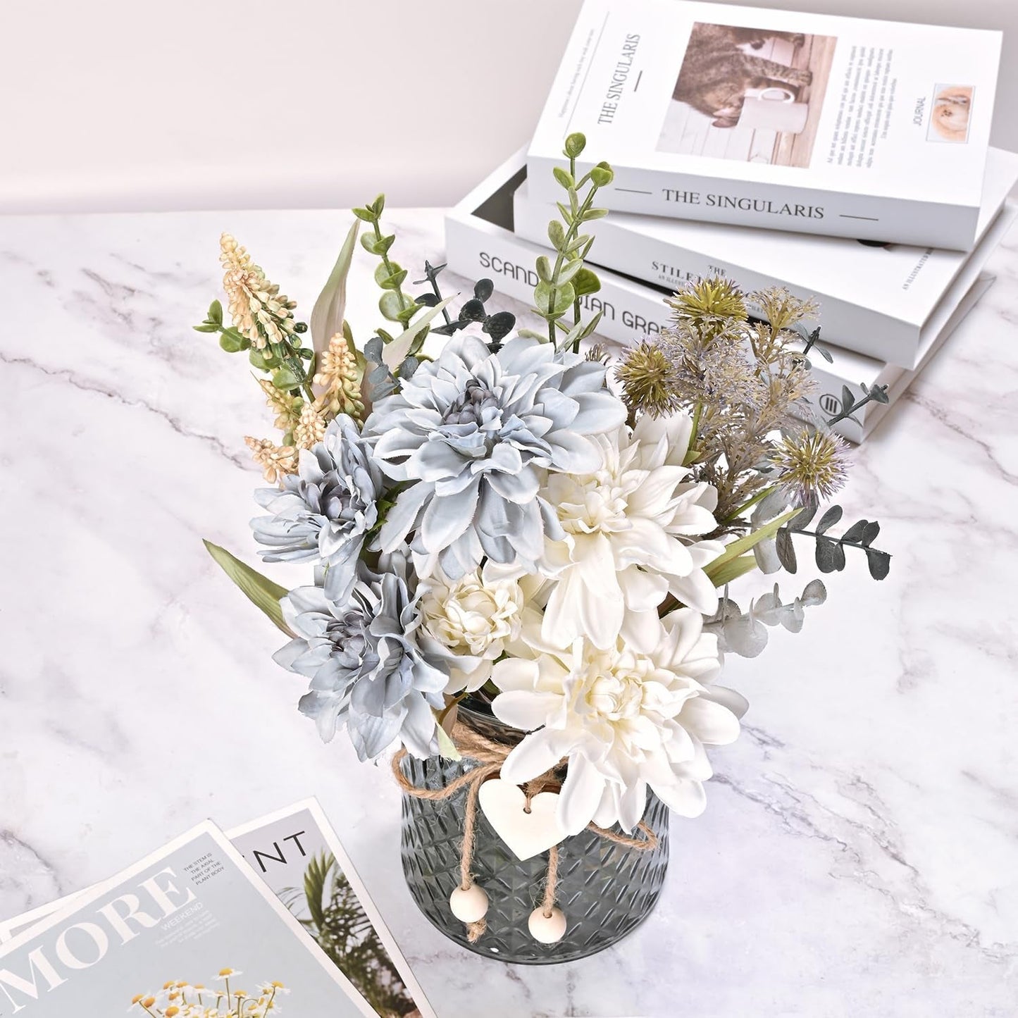 Fake Flowers with Vase, Blue Silk Roses Flowers Arrangement Artificial Flowers in Vase, Autumn Spring Decor,Home Office Living Room Decorations, Dining Table Centerpiece