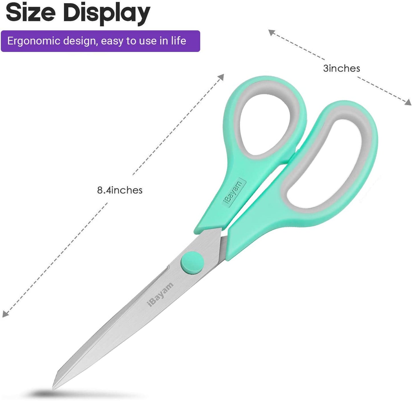 8" Multipurpose Scissors 3 Pack with Ultra Sharp Blades, Comfort-Grip Handles, Sturdy for School Home Office Art Craft Sewing Tailor Heavy Duty
