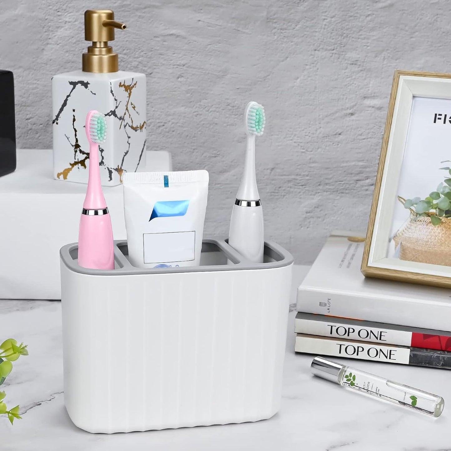 Toothbrush Holder, Multifunctional Electric Toothbrush Holder, Bathroom Easy-Store Toothbrush Caddy Toothpaste Razors Storage Organizer for Bathroom Countertop Vanity Counter Sink Organizer (White)