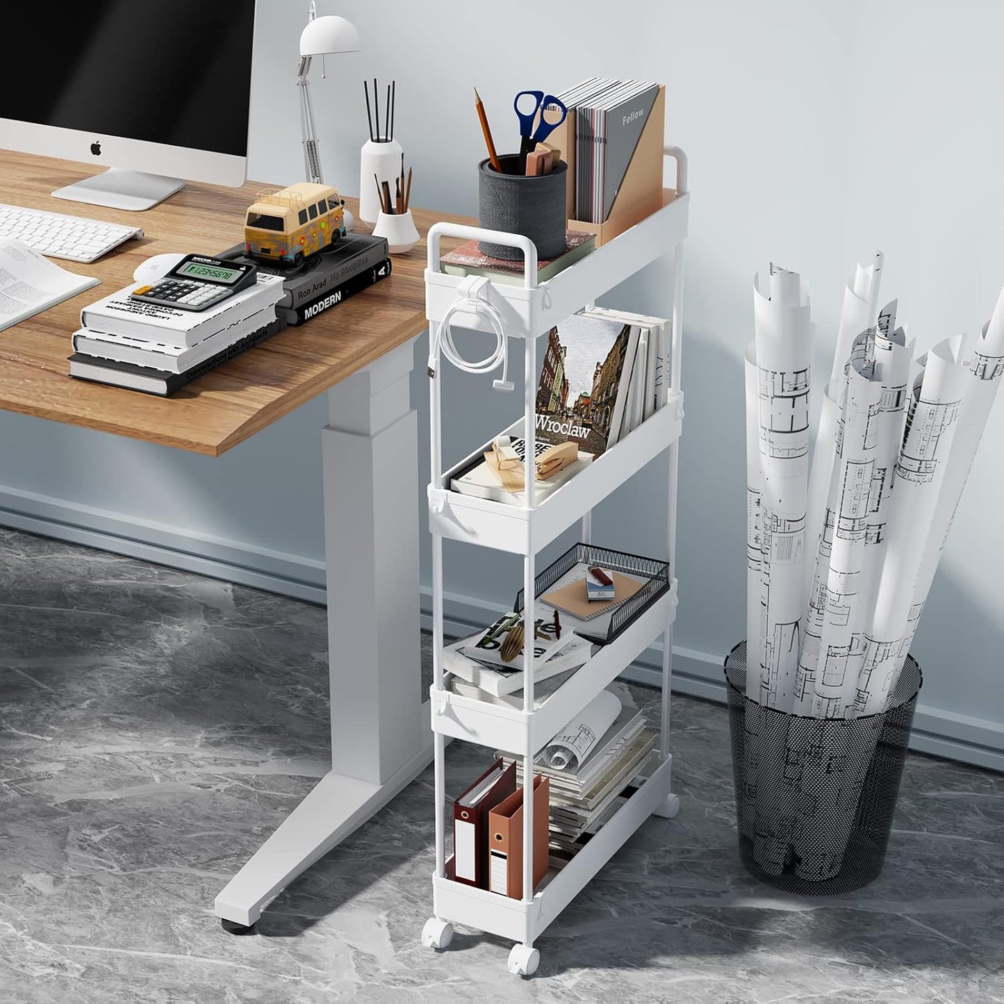 4-Tier Storage Trolley Cart Slide-Out Slim Rolling Utility Cart Mobile Storage Shelving Organizer for Kitchen, Bathroom, Laundry Room, Bedroom, Narrow Places, Plastic, White