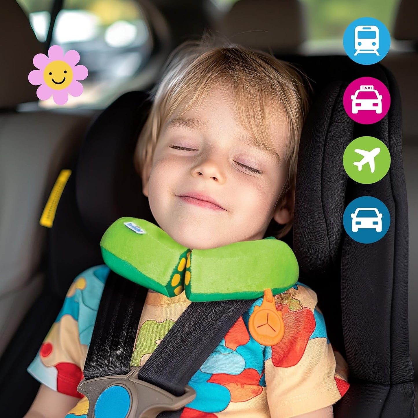 Kid'S Travel Neck Pillow and Chin Rest | Support Sleepy Heads in the Car Seat, Plane, Bike or Pram | Yondi SMALL Dudley Dinosaur (Green)