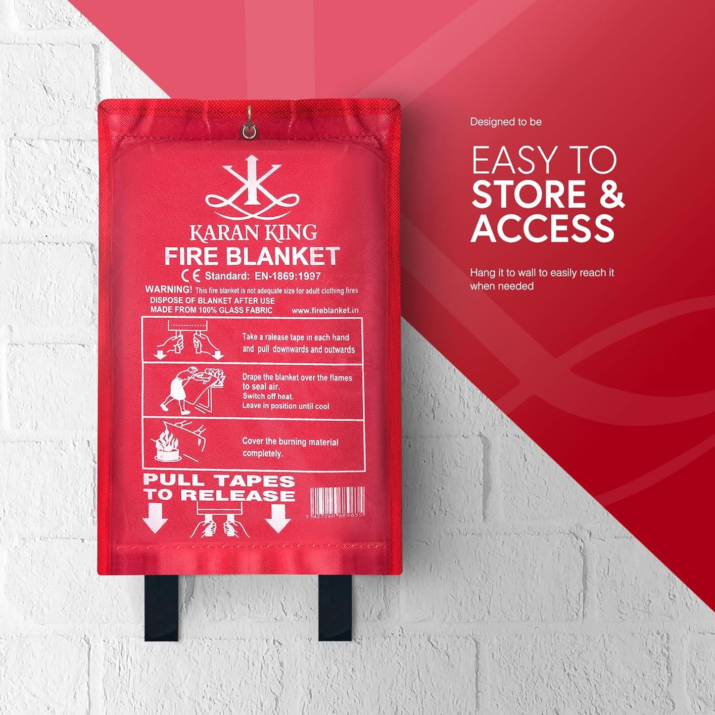 ® - Fire Blanket - Flame - Retardant Safety Blanket for Home, Kitchen, Caravans, Garages - Heat-Resistant and Versatile Fire Protection Equipment (Large, Quick Unfolding, with Loops)
