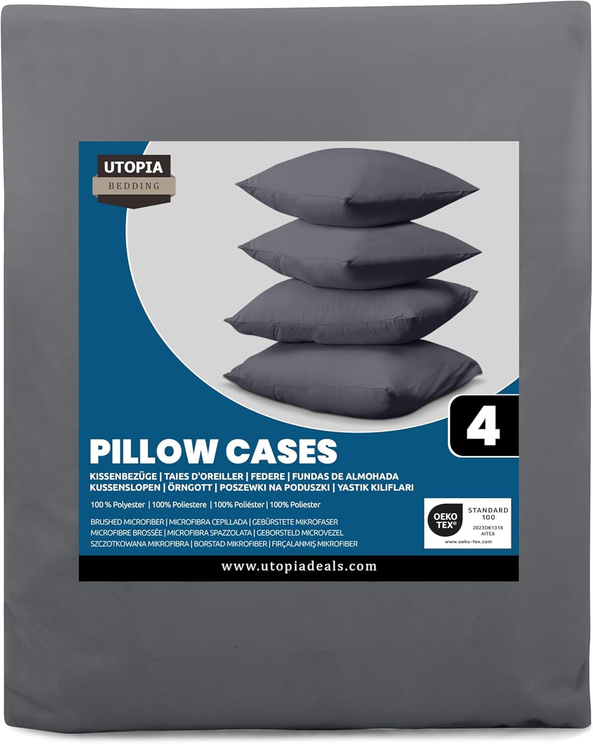 - Pillow Cases 4 Pack - Standard Size 50X75 Cm - 100% Brushed Microfiber Pillowcases with Envelope Closure - Wrinkle, Fade, Stain Resistant Pillow Cases - Grey