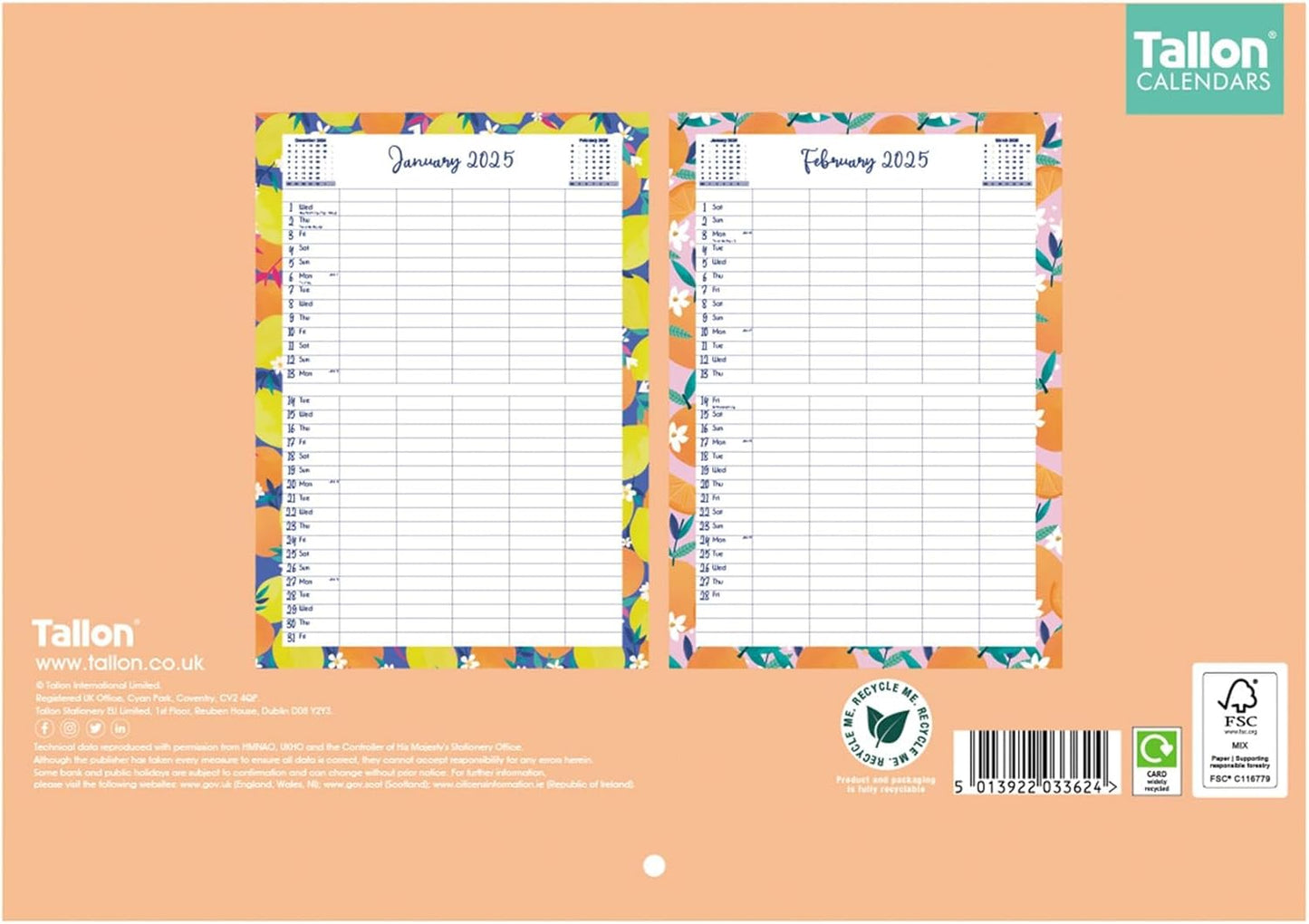 2025 Family Home Planner Oranges & Lemons Design A3 Month to View Calendar 5 Columns