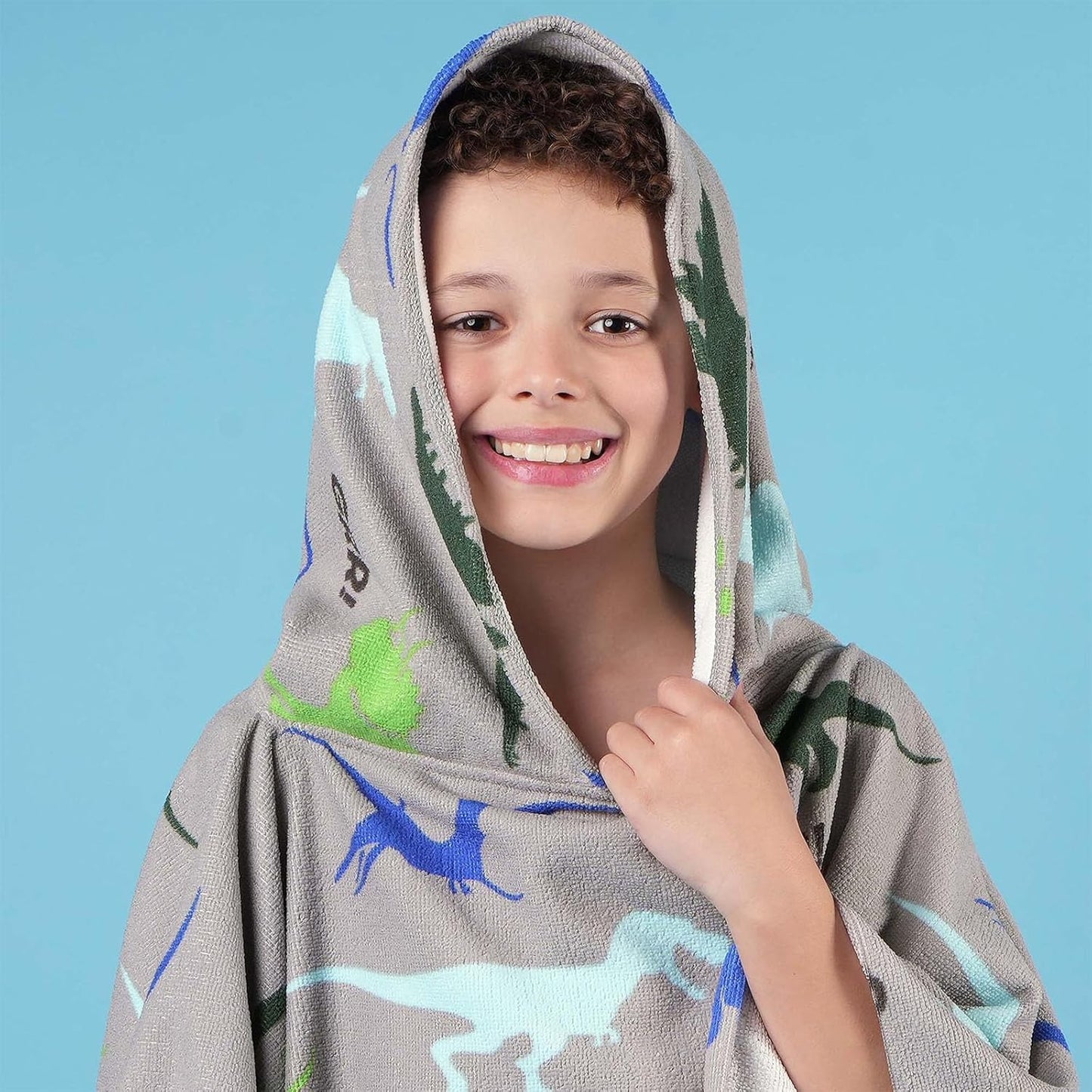 Kids Poncho Towel, Swimming Pool Hooded Changing Robe, Surfing, Beach, Baths, Quick Dry Soft Microfibre, Dino Print, 140X100Cm