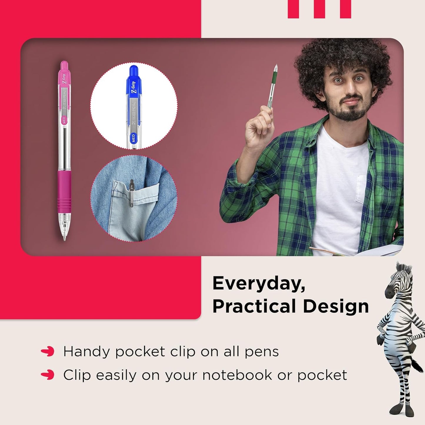 Z Grip Assorted Ballpoint Pens with Pocket Clip 8Pk Retractable Assorted Ink Ballpoint Pens, Reliable Assorted Biro Pens Multipack for Everyday Use Design, New Pack Size 8Pk
