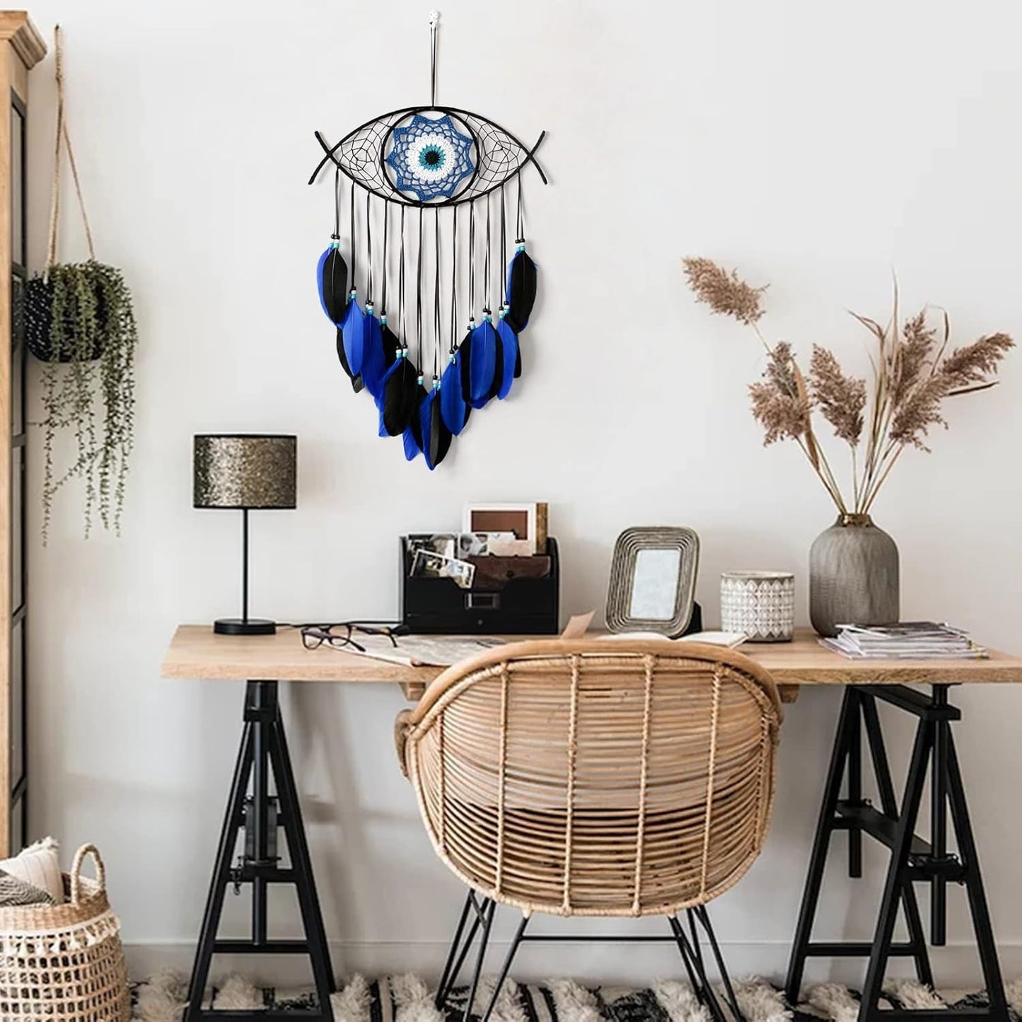Evil Eye Dream Catcher Hand-Woven Blue Macrame Dreamcatcher Evil Eye Wall Hanging Home Decoration Ornament Kids Christmas Thanksgiving Blessing Gift