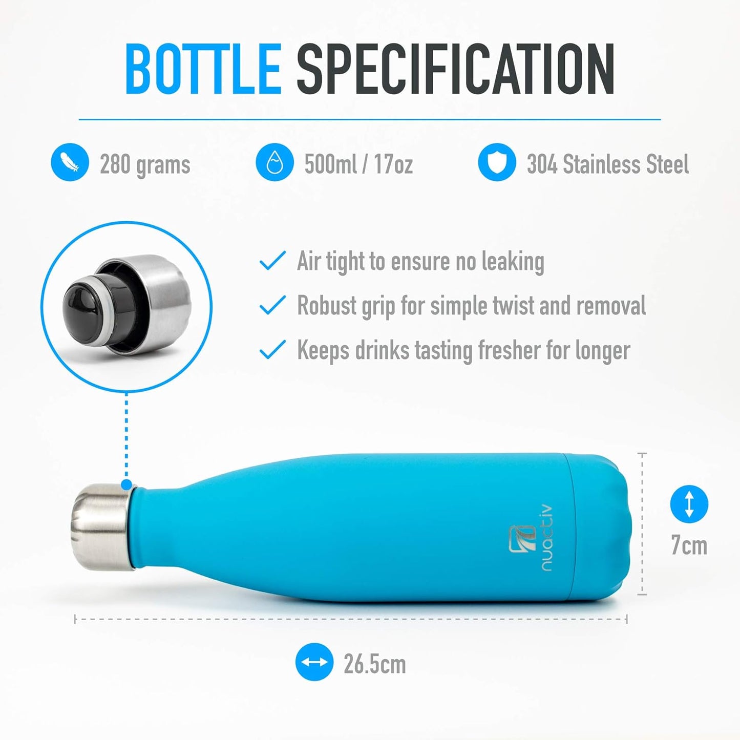 Stainless Steel Water Bottle, Vacuum Insulated Flask BPA Free, 12Hrs Hot & 24Hrs Cold Drinks, Thermal Metal Water Bottles, Leakproof 500Ml Double Wall, Drinking for Kids, Gym, Sports, Travel