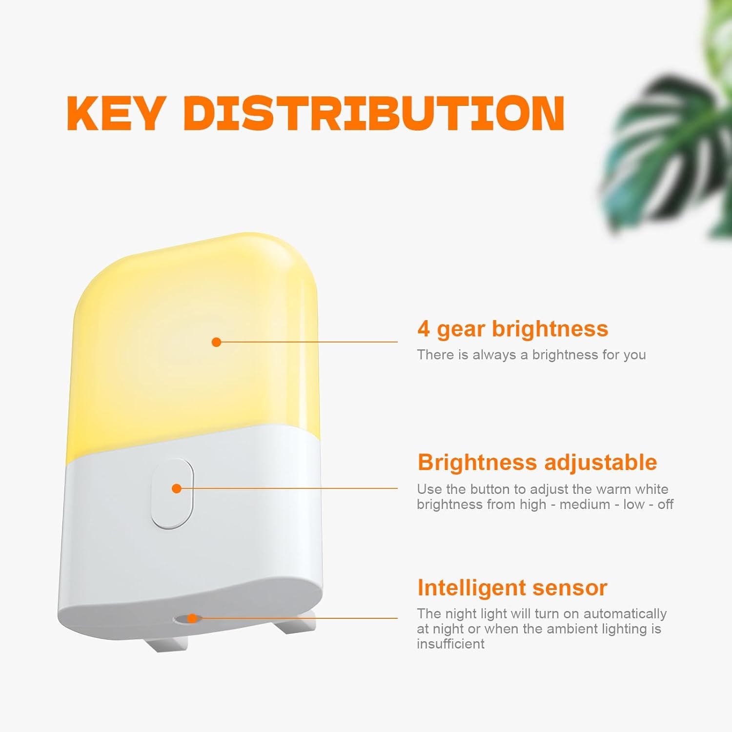 GD103UK-1 Night Light Plug in Wall with Dusk to Dawn Photocell Sensor, 4 Levels Brightness Adjustable, Night Light Kids for Children'S Room, Hallway, Bedrooms, Garage, Warm White