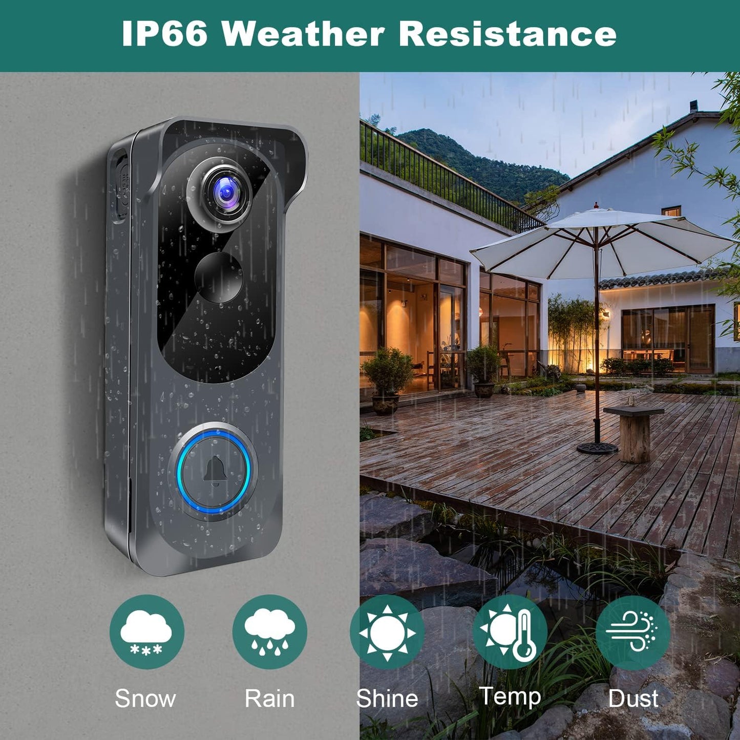 Wireless Video Doorbell Camera with Chime, Voice Changer/Message, PIR Motion Detection, Instant Alerts, 2-Way Audio, 2K HD, Night Vision, 2.4G Wifi, IP66, Battery Powered, Works with Alexa