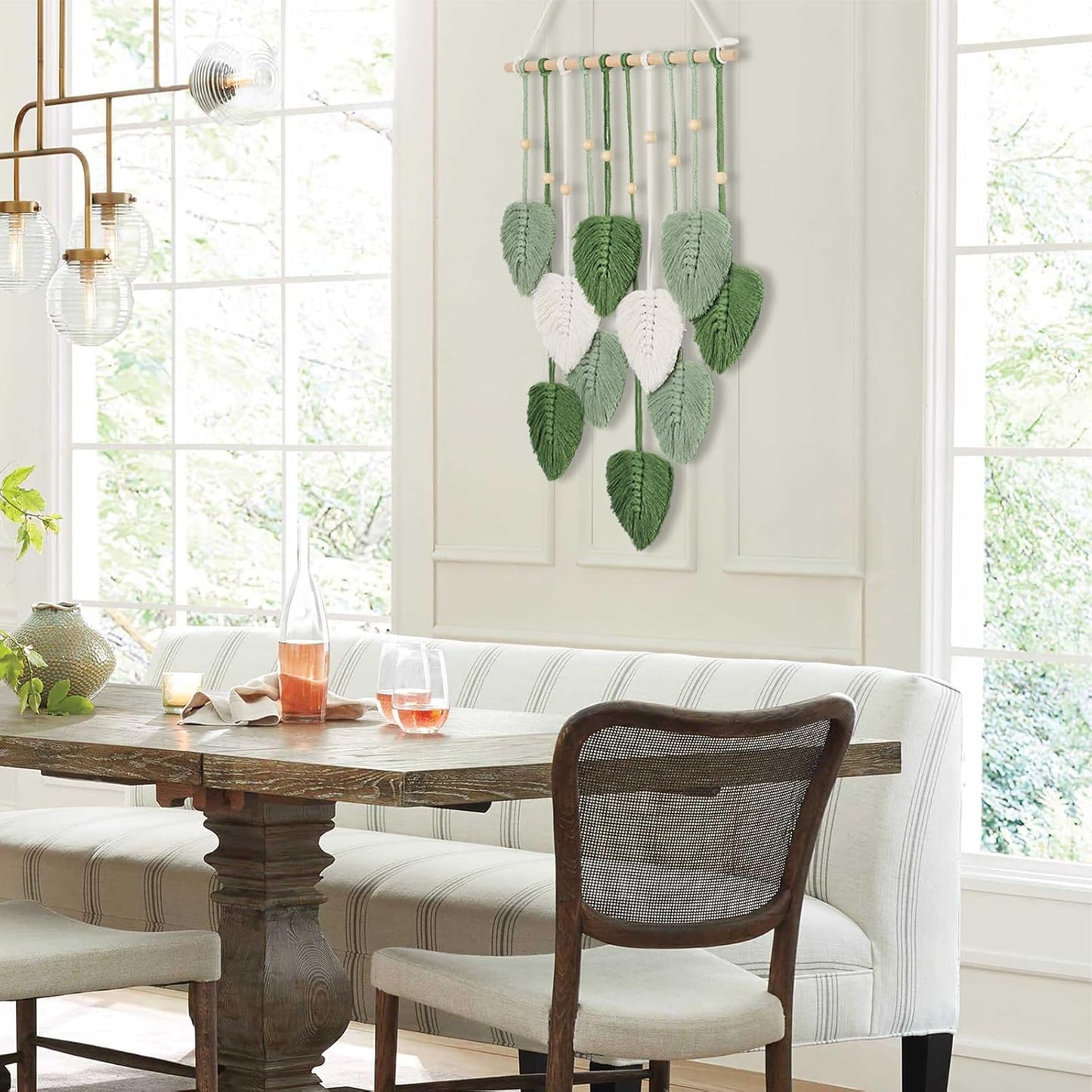 Macrame Wall Hanging Green Leaf Tassel Tapestry Boho Chic Wall Decor Handmade Woven Cotton Rope Tapestry Aesthetic Bohemian Wall Art for Bedroom Living Room Office Apartment Ornament