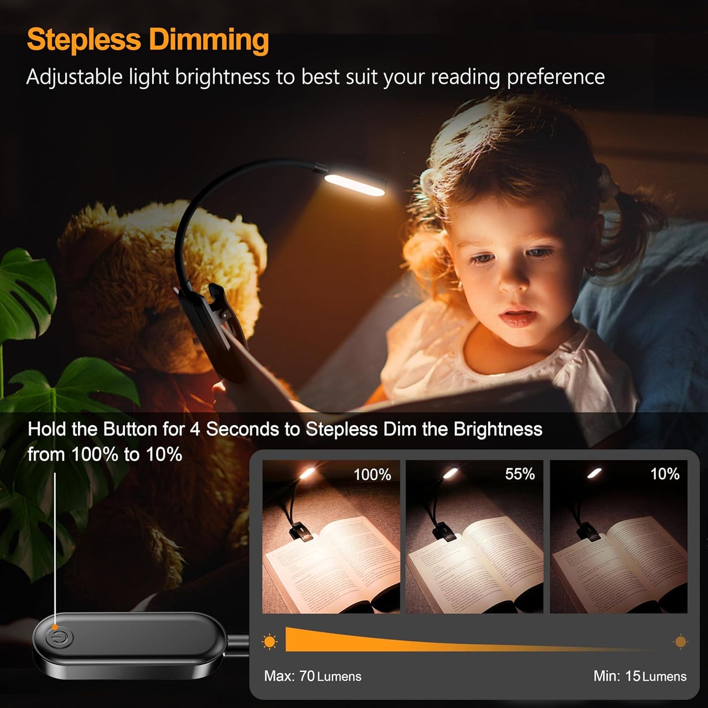 16 LED Reading Light, Book Light 3 Eye-Protecting Modes Book Lamp (White/Amber/Mixed) - Stepless Dimming, Rechargeable, Long Battery Life, 4-Level Power Indicator, Flexible Clip on Book Light