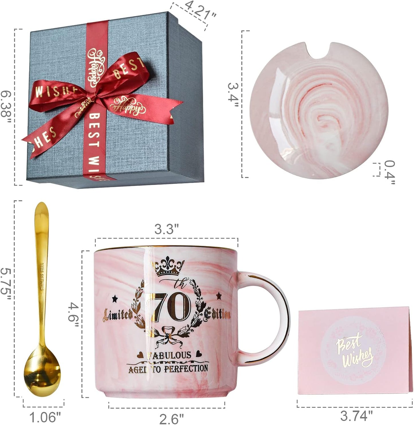 70Th Birthday Gifts for Women - 14Oz Pink Aged to Perfection Seventy Birthday Mug Printed with Gold - Happy Birthday Keepsakes Presents for 70 Years Old Grandma Mum Nanny, with Gift Box Lid Card Spoon