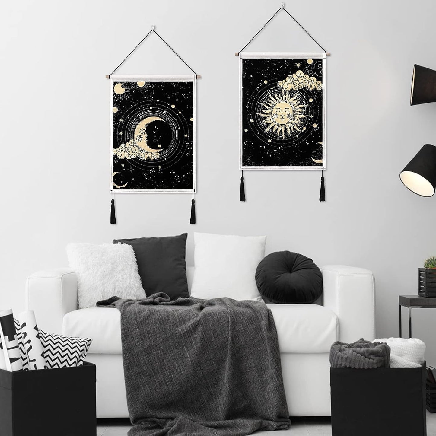 Japanese Moon and Sun Wall Tapestry with Tassels 2 Pack Black Banner Tapestry Wall Hanging Bohemian Wall Art Decor for Bedroom Aesthetic Living Room (Sun&Moon)