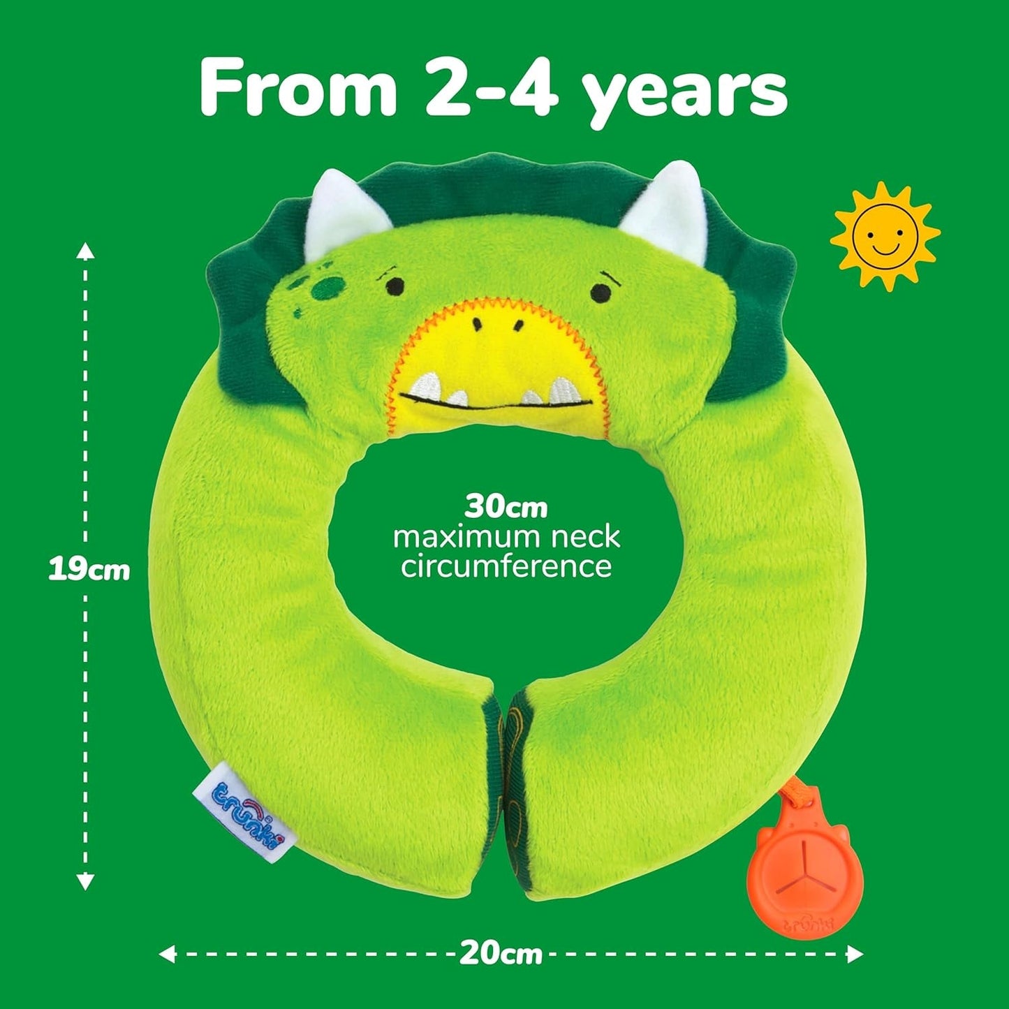 Kid'S Travel Neck Pillow and Chin Rest | Support Sleepy Heads in the Car Seat, Plane, Bike or Pram | Yondi SMALL Dudley Dinosaur (Green)