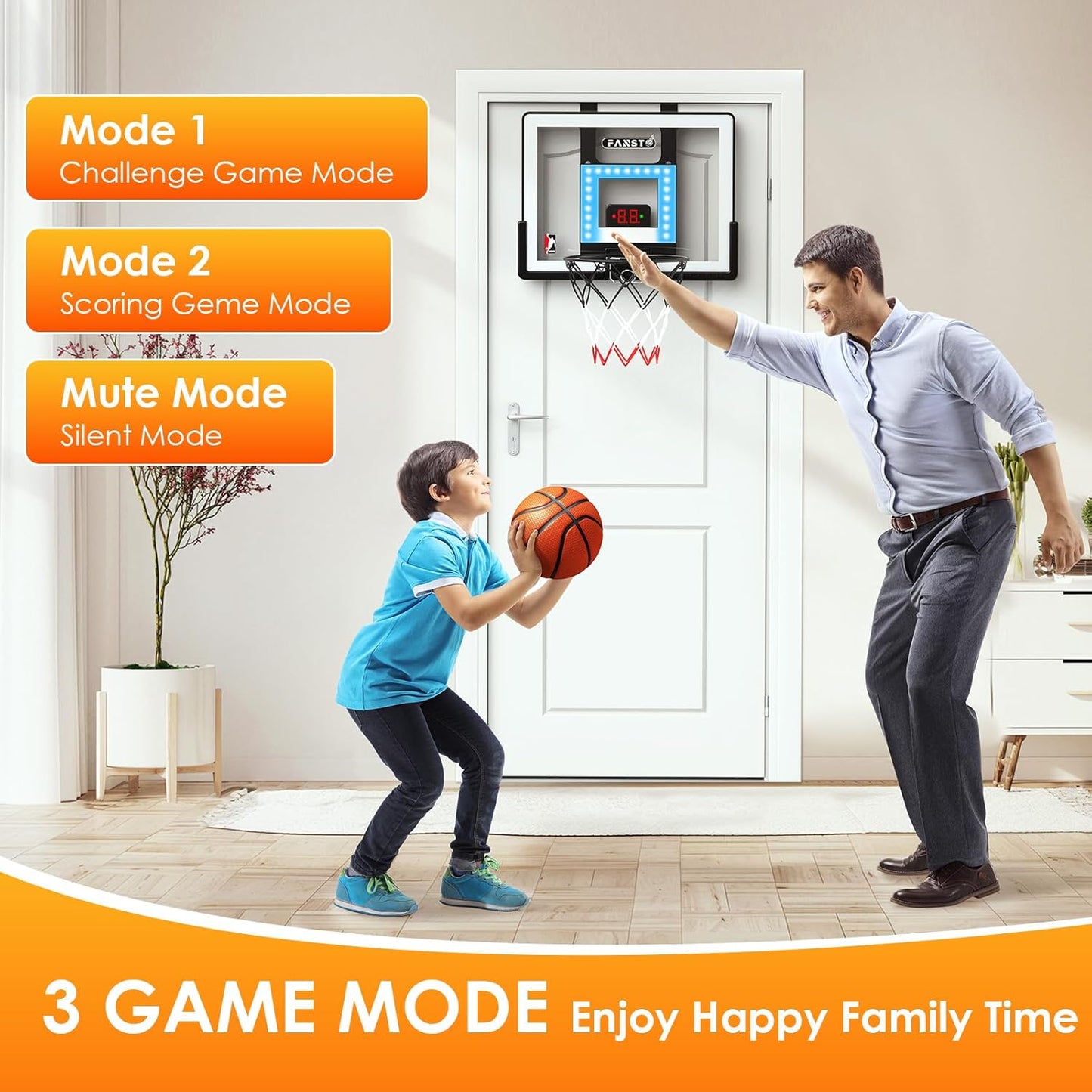 Indoor Basketball Hoop for Kids, over the Door Basketball Hoop with LED Cheering, Anti-Impact, 2 Game Mode& Mute Mode, Mini Door Room Basketball Toy Gift with 4 Ball for 5 6 7 8 9 10 11 12 Old Boys