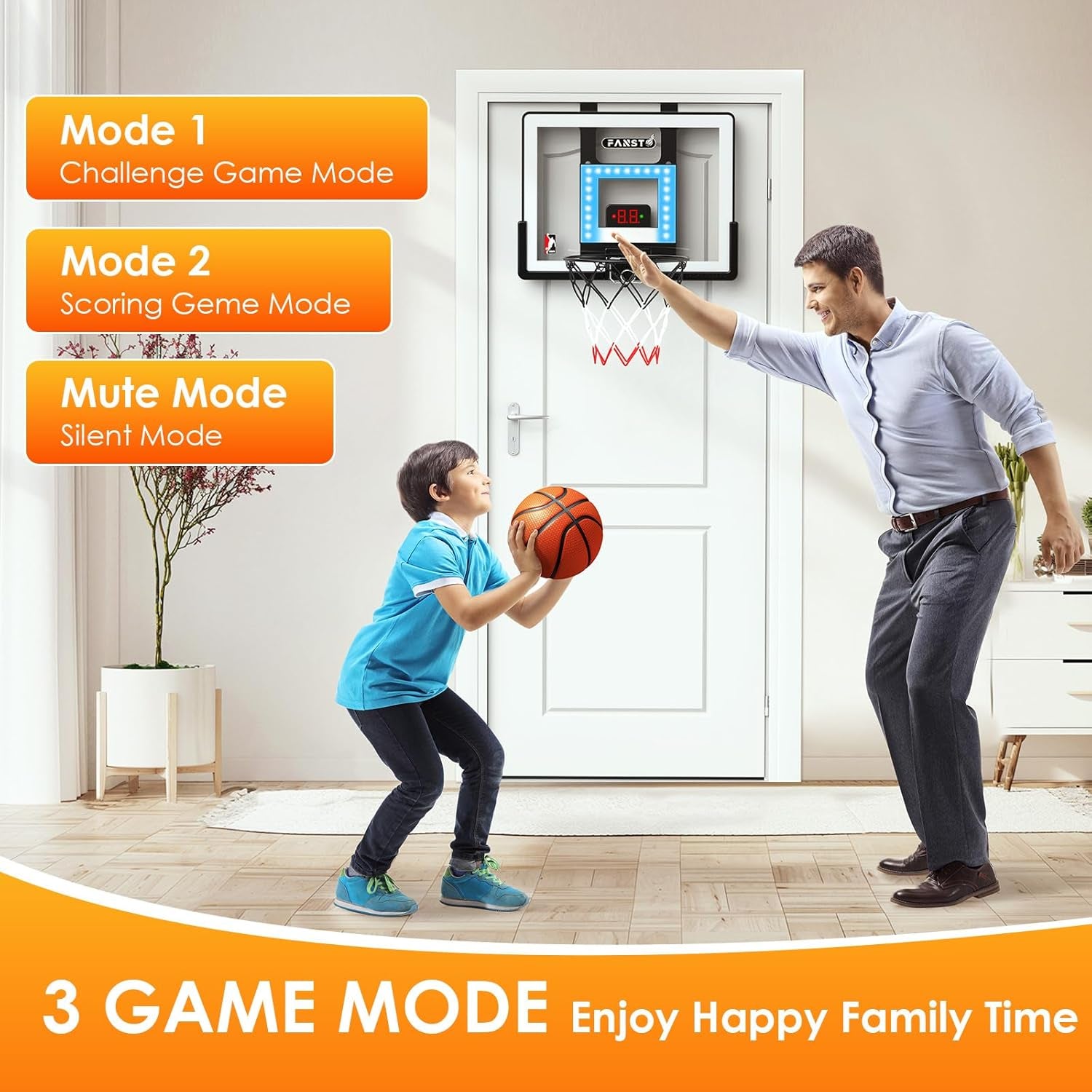Indoor Basketball Hoop for Kids, over the Door Basketball Hoop with LED Cheering, Anti-Impact, 2 Game Mode& Mute Mode, Mini Door Room Basketball Toy Gift with 4 Ball for 5 6 7 8 9 10 11 12 Old Boys