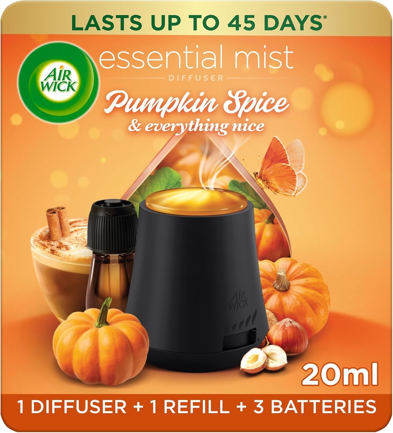 Air Wick Pumpkin Spice & Everything Nice|Essential Mist Aroma Kit | 1 X 20Ml |1X Diffuser & 1X Bottle|Natural Essential Oils
