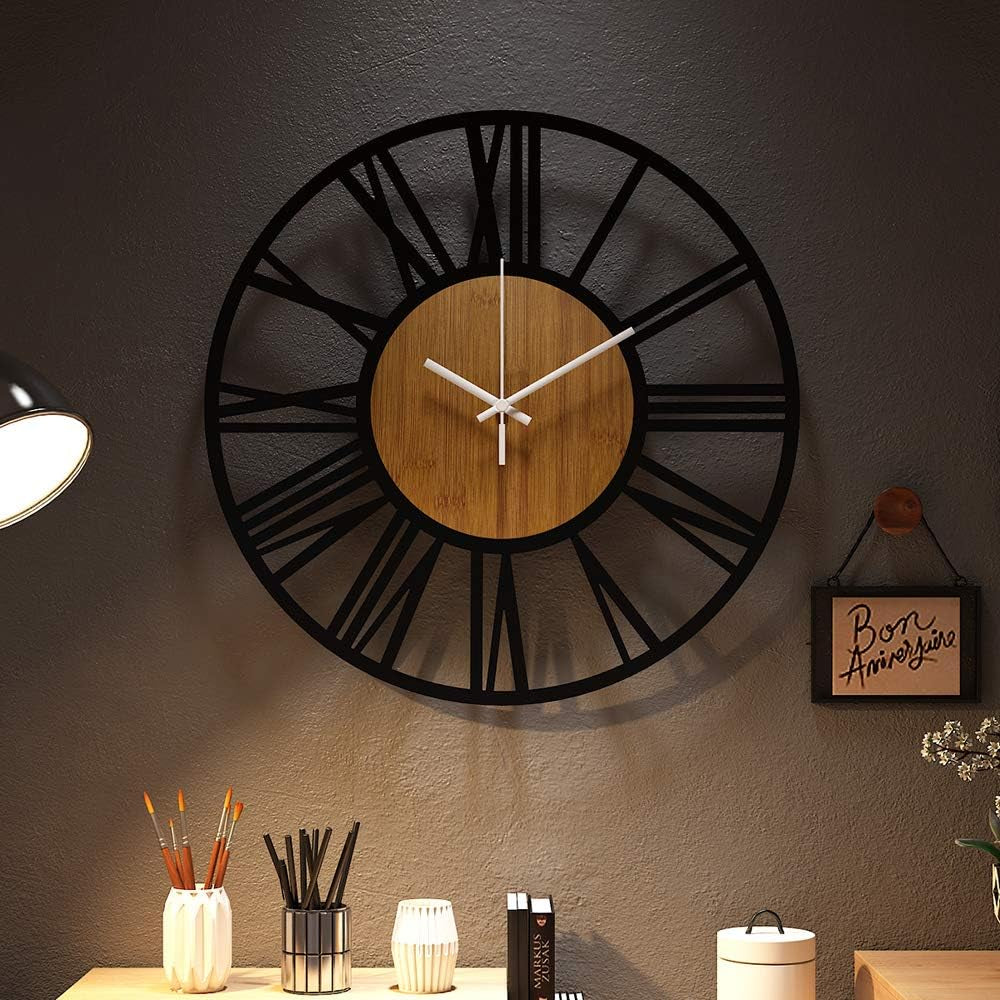 Large Wall Clocks,Silent,Non Ticking,Battery Operated Rustic round Modern Big Wood Wall Clock for Living Room, Bedroom,Kitchen,Farmhouse,Office,Home Decor-16In(40Cm, Black,Roman Numeral)