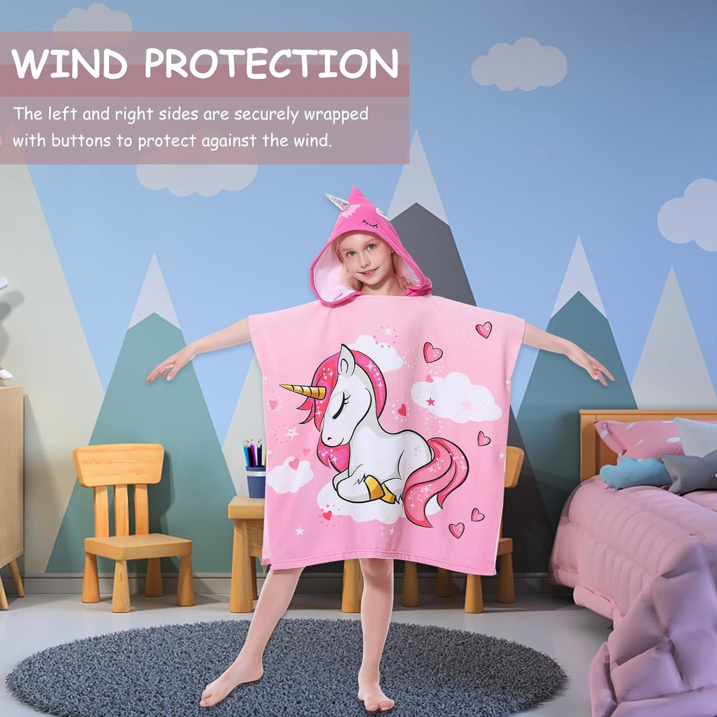 Kids Hooded Poncho Towels, Beach Changing Robe Bath Towel Poncho for Swimming Pool, Microfiber Soft and Large Bathrobe for Girls Boys Children 6-14 Years Old - Pink Unicorn