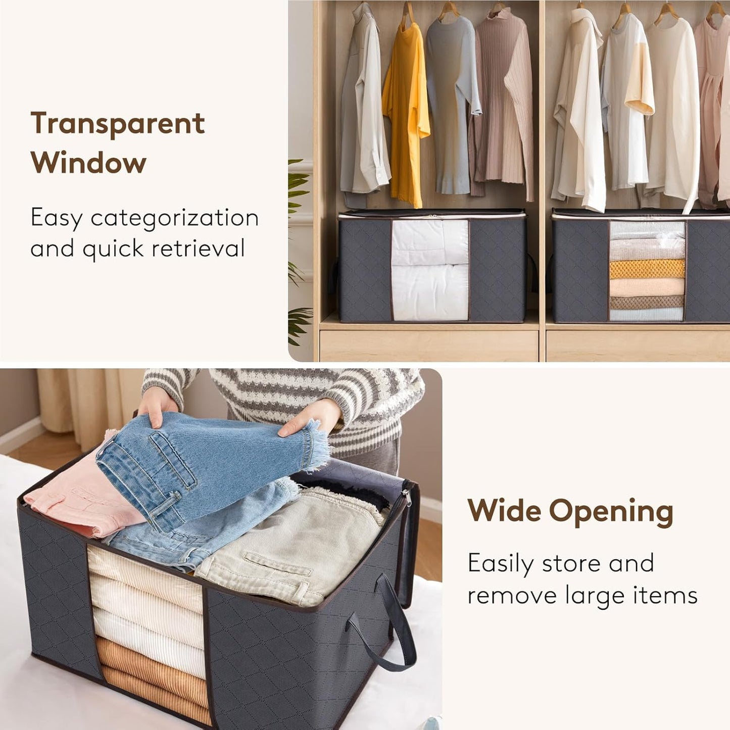 90L Clothes Storage Bags Large Storage Box with Lid Packing Boxes for Moving House with Reinforced Handle Thick Fabric Clear Window for Clothes Duvet Blankets Bedding, 3 Pack, Grey
