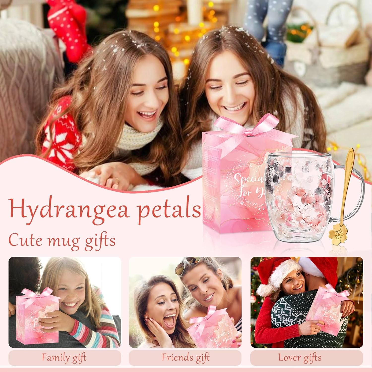 Gifts for Women Dried Flowers Double Wall Glass Coffee Mugs Cute Glass Tea Cups with Handles Christmas Birthday Gifts for Best Friend Teacher Mum Gifts Ideas Autumn Mug Home Decor(Grey+Pink)