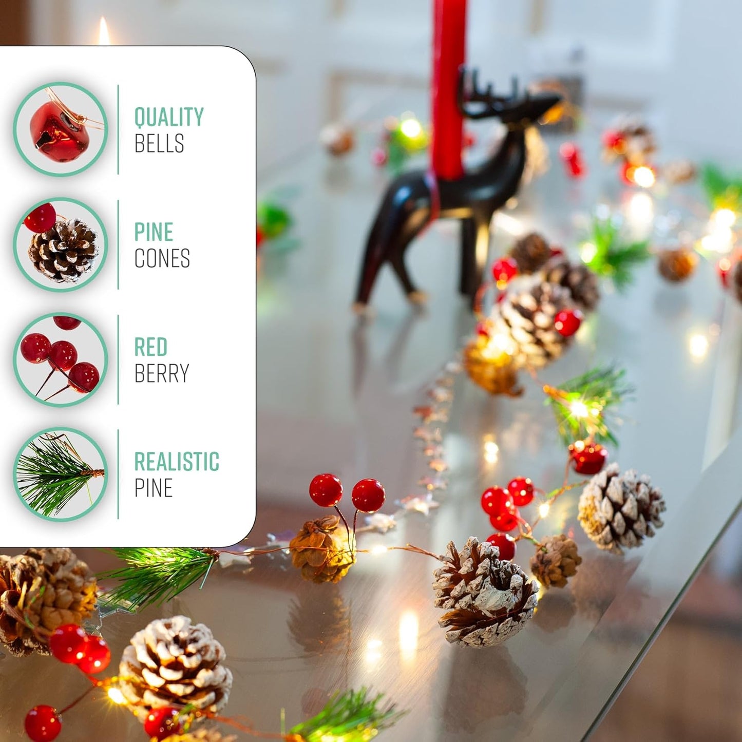 Christmas Garland - 2M Pre-Lit Decoration with 20 Leds for Fireplace, Indoor, and Stairs