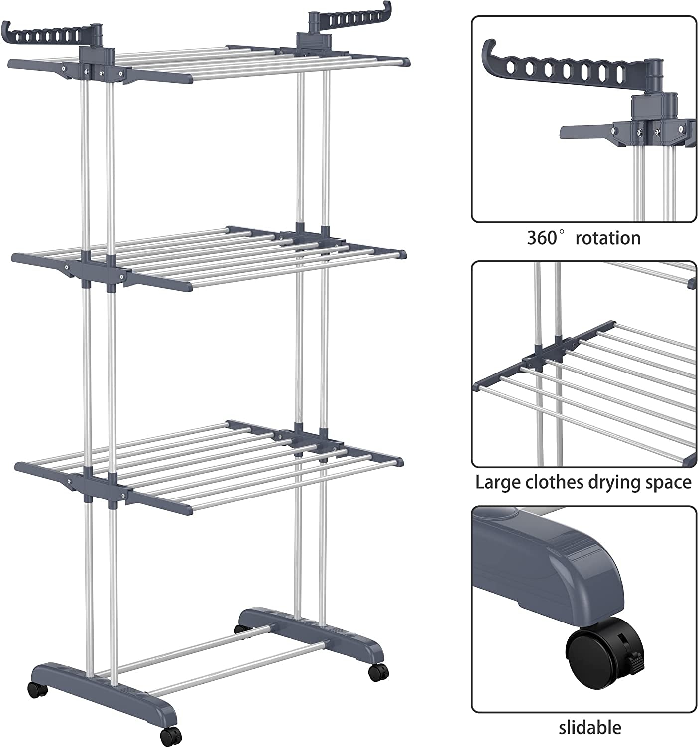 Airer Clothes Drying Rack,4-Tier Foldable Clothes Hanger Adjustable Large Stainless Steel Garment Laundry Racks for Indoor Outdoor