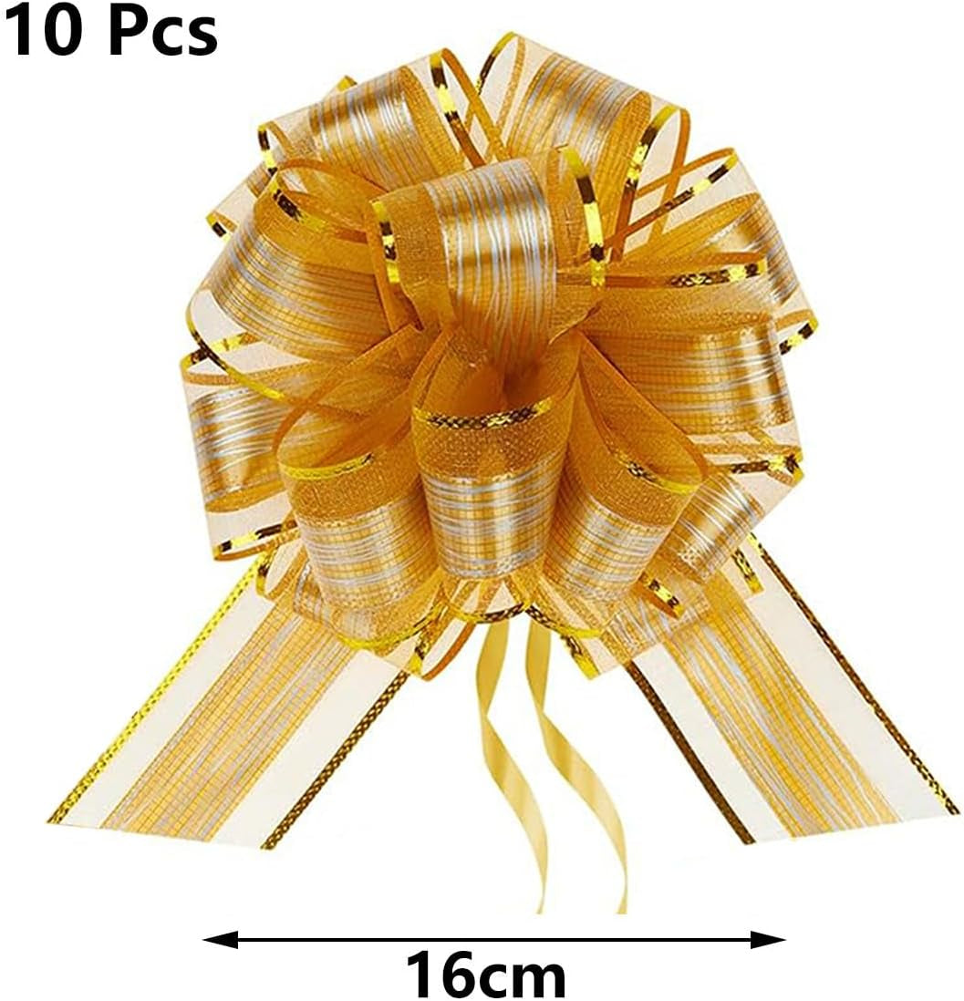 10Pcs Large Pull Bows(6 Inch),Gold Organza Pull Bows for Gift Wrapping,Party Decorations,Wedding Cars,Baskets