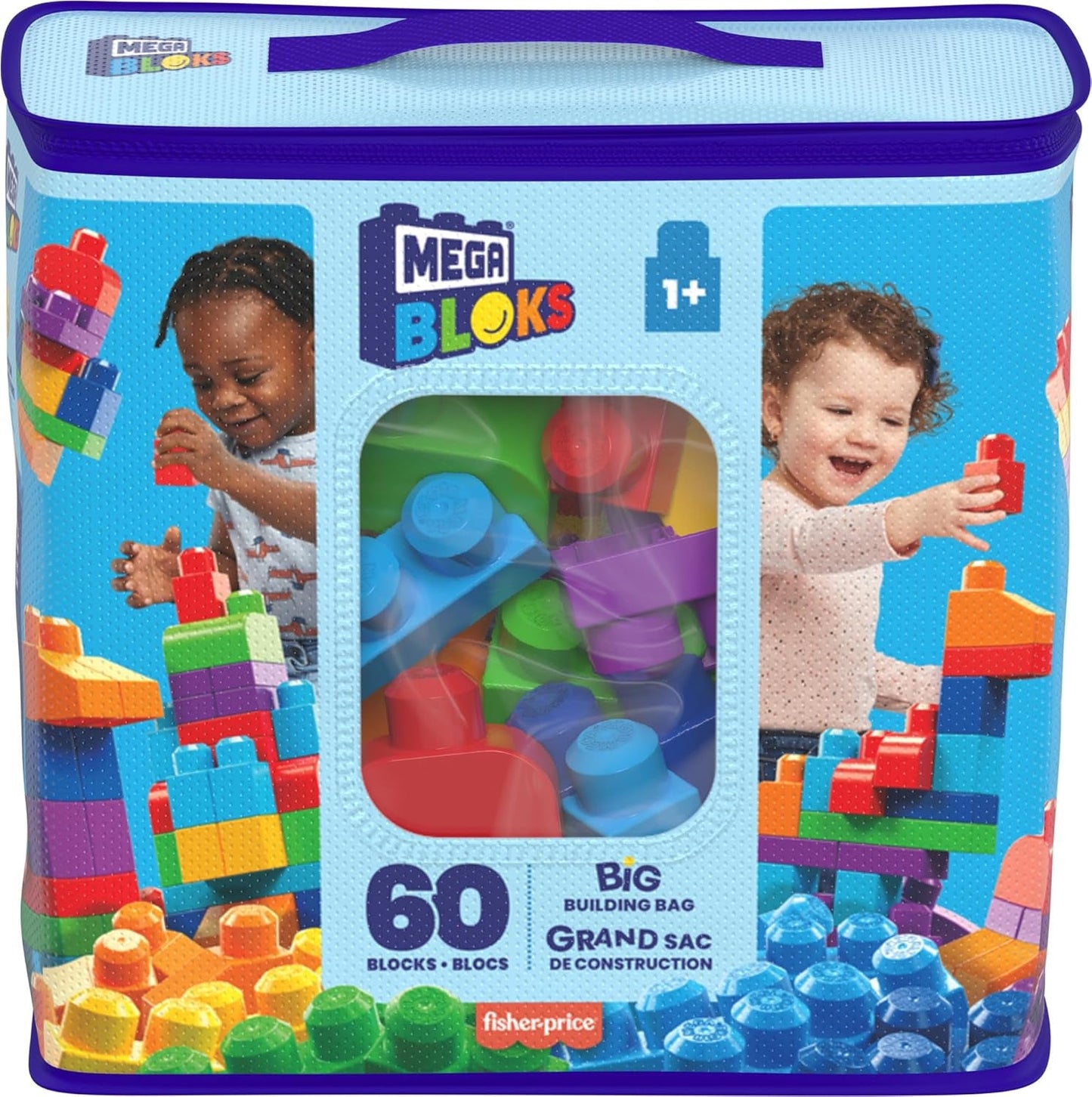 BLOKS Big Building Bag Building Set with 60 Big and Colorful Building Blocks, and 1 Storage Bag, Toy Gift Set for Ages 1 and Up, DCH55
