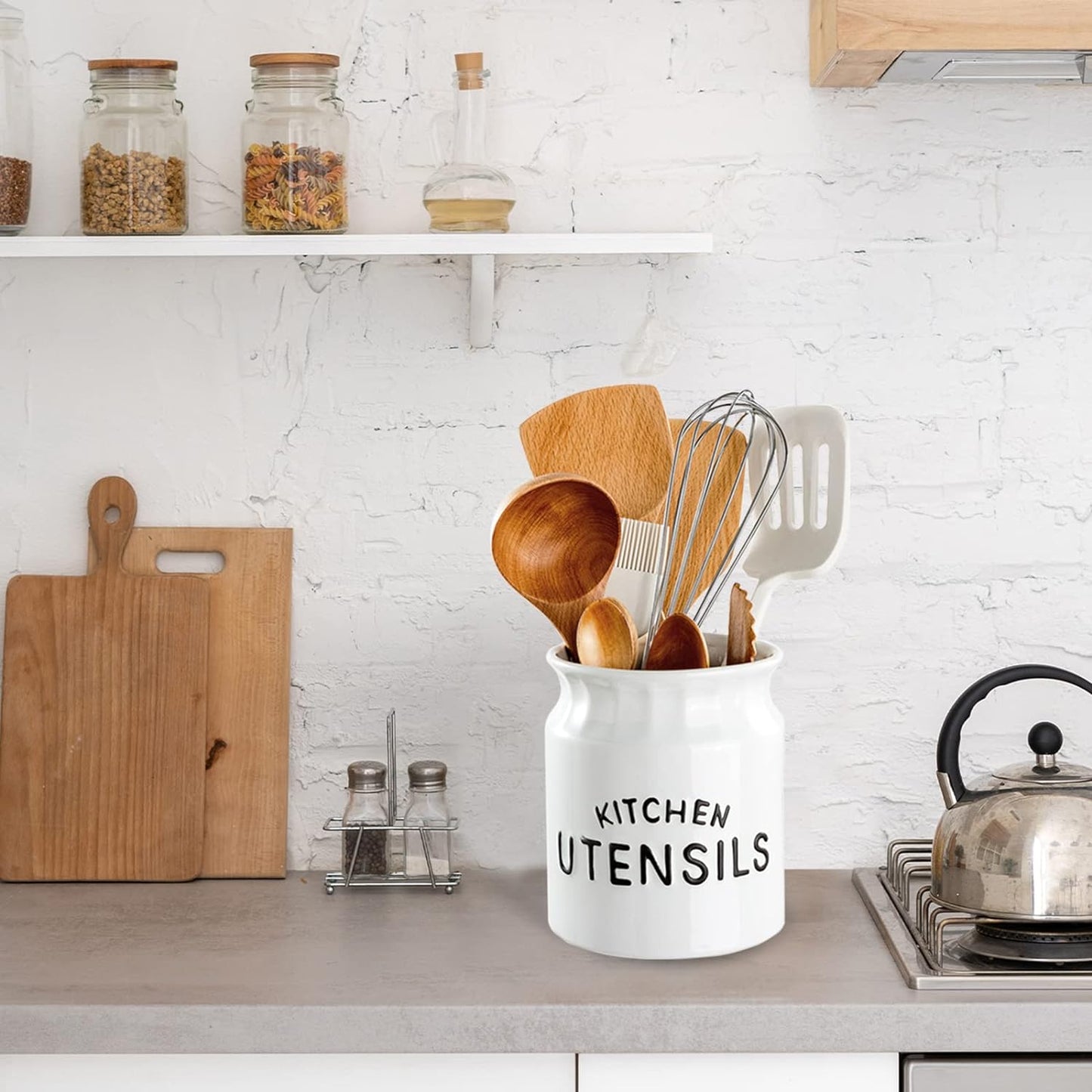 Kitchen Utensil Holder, Large Farmhouse Utensil Holder for Countertop, Decorative Ceramic Cooking Utensil Crock Holder for Kitchen Counter, 14 X 16 Cm, White