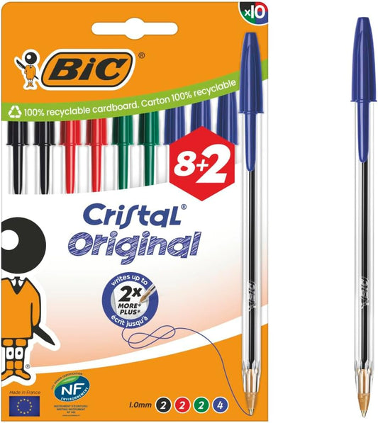Cristal Original Ballpoint Pens Medium Tip (1 Mm) – Assorted Colours, Box of 10