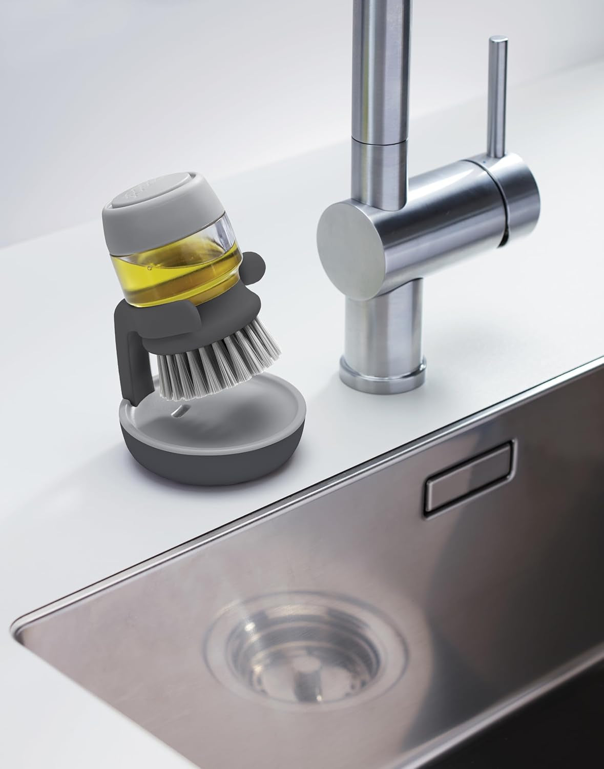 Palm Scrub Refillable Soap Dispensing Cleaning Washing up Kitchen Brush with Storage Stand Holder, Grey